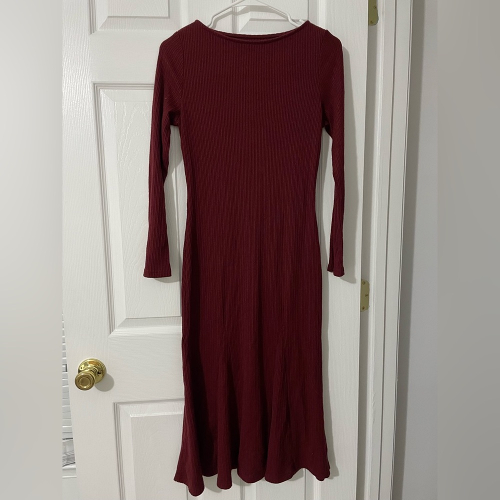 OGL Long Sleeve Ribbed Midi Dress in Burgundy